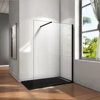 Paroi de douche 160x200cm en noire mat paroi en 8mm verre anticalcaire livré avec une barre de fixation extensible en noire mat Soldes